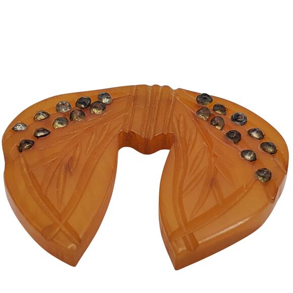 1930s Carved Baketlite Belt Buckle Rhinestone Accent Art Deco Butterscotch Clip - Picture 2 of 4
